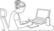 © srgd graphix - Line art of woman writing at desk with devices