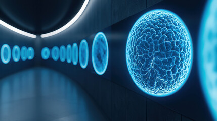 Wall Mural - futuristic visualization of glowing blue spheres on a dark corridor wall, representing concepts of s
