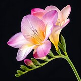 Delicate pink and yellow freesia flower with green stems against a black background