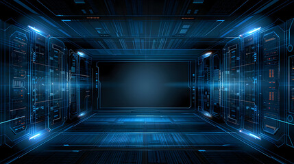 Wall Mural - Abstract image a futuristic digital server room interface glowing blue lines, a blank central screen, intricate technological details. Perfect tech sci-fi projects.