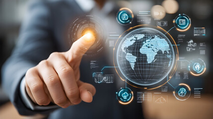 Wall Mural - A hand interacts a futuristic holographic interface displaying a 3D earth model, symbolizing global business strategy digital transformation.