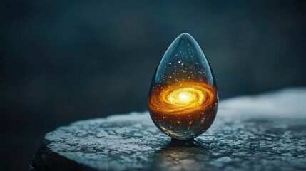 Wall Mural - Glass teardrop containing glowing galaxy swirling with vibrant stars and cosmic dust, resting on a textured stone surface, captivating and imaginative design