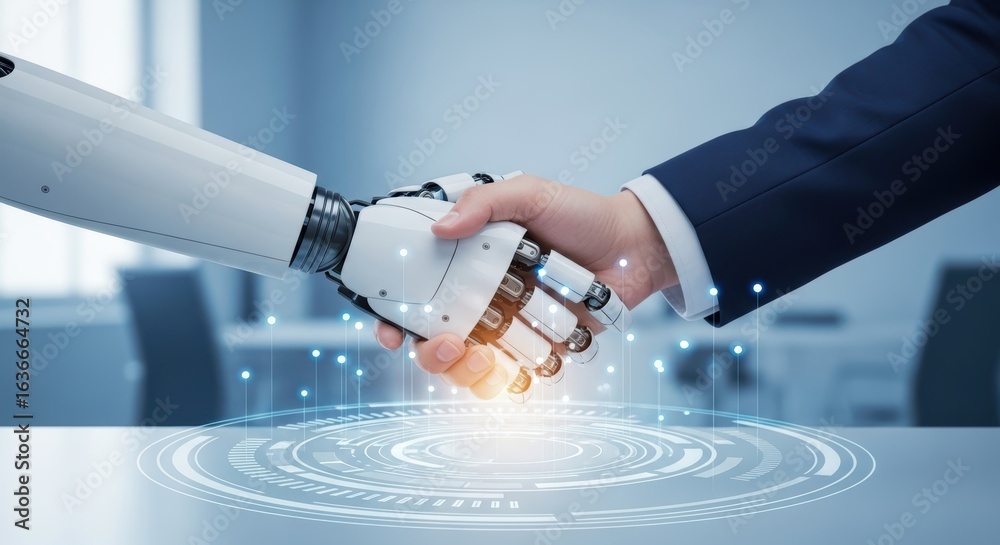 Human and robot handshake symbolizes future collaboration and ...
