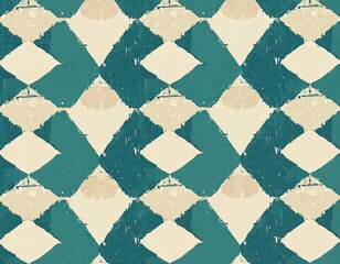 Poster - Abstract teal, cream geometric pattern on fabric. Seamless repeat textile design with modern, contemporary feel. Features diamond shapes, lines, angles in stylish, elegant art illustration for