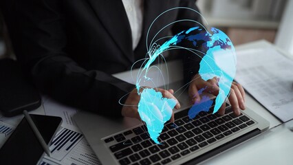 Poster - Global network connection visualization showing data exchange, digital link, worldwide communication. Global data flow and digital network infrastructure connecting regions around the world. Thunk