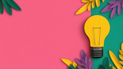 Wall Mural - a vibrant light bulb surrounded by colorful leaves against a split background of pink and teal, symb