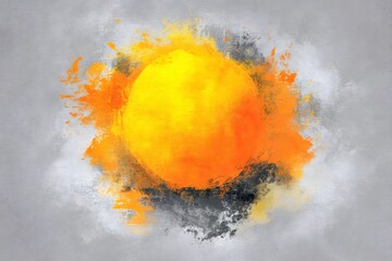 Poster - Vivid orange, yellow sunburst radiating dynamic energy across gray canvas, expressing powerful artistic expression