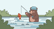 © DESI - Adorable illustration of a bear fishing in a river catching a jumping fish