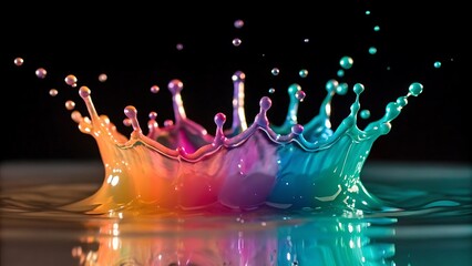 Poster - Colorful water splash with a crown shape, creating a vibrant and dynamic abstract design with rainbow colors, reflecting on the surface with a clean and fresh look