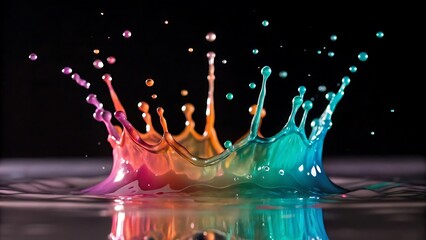 Poster - Dynamic liquid crown splash with vibrant rainbow colors, creating an artistic and captivating effect, perfect for abstract backgrounds and creative designs