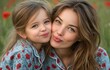 © Kien - an attractive blonde woman with her daughter in a field. They are kissing each other on the cheeks and smiling at the camera
