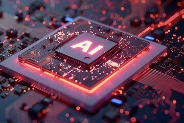 The future of computing: a glowing AI chip powers advanced artificial intelligence.