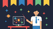 © BENI - Educator Explaining Solar System with Computer and Colorful Celebration Banners Illustration