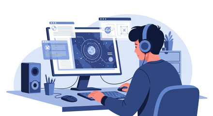 Focused Programmer Working On Project Late At Night With Blue Interface Design