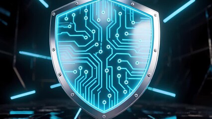 Poster - Futuristic digital shield with circuit pattern and glowing blue lines representing cybersecurity protection and advanced technology high tech