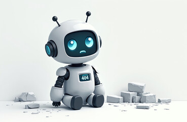 Cute robot with 404 error message on screen sits near pile of broken concrete blocks. Whimsical illustration of computer error, web page not found concept. Minimalist design with white background.