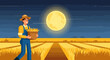 © REZA - Illustration depicting a farmer in a wheat field under the moonlight at night in vector format