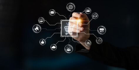 Wall Mural - Omni-channel marketing and online shopping strategies, cross-platform customer experience, brand unification, and integrated marketing communication across digital channels. Spline
