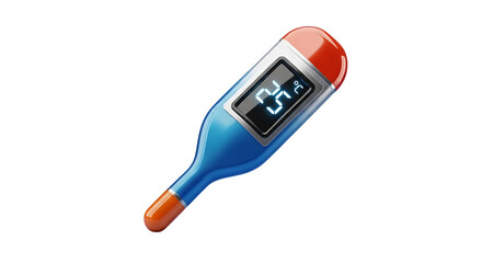 Digital medical thermometer with red and blue casing isolated on transparent background