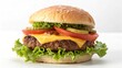 © waseem - A single cheeseburger with beef, cheese, lettuce, and tomato on a sesame bun is isolated on a white background