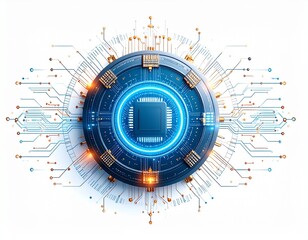 a futuristic circular microprocessor with a glowing blue core and intricate circuit board pathways o