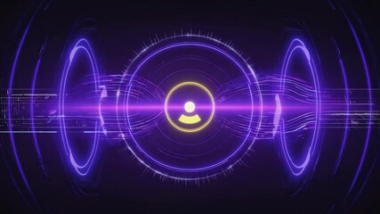 Poster - Glowing purple circles and lines creating a futuristic heads-up display, visualizing data transfer and processing in a virtual reality environment