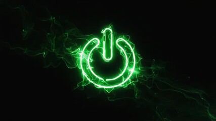 Poster - Glowing green power button radiating energy and innovation, surrounded by abstract smoke on a sleek black background, symbolizing technology and modern design in a vibrant, digital context