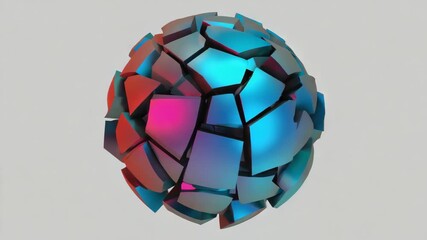 Wall Mural - Geometric sphere exploding into vibrant fragments against a clean white backdrop, illustrating destruction, transformation, and the beauty in brokenness