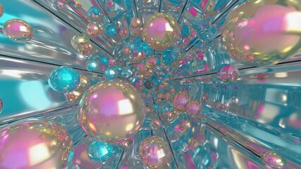 Wall Mural - Abstract background featuring numerous iridescent spheres floating gracefully within a metallic tunnel, crafting a captivating visual experience filled with vibrant colors and dynamic energy