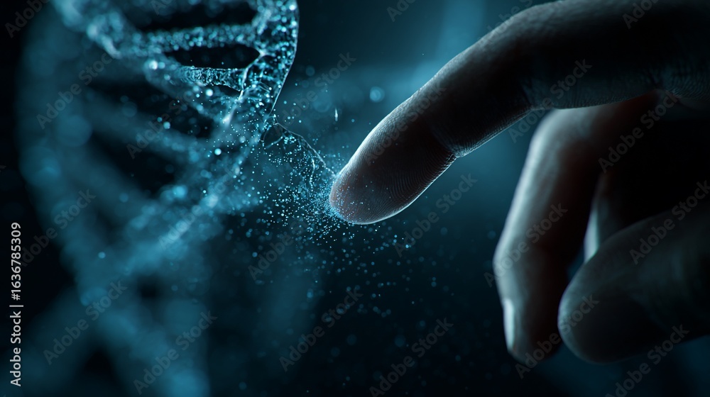Human hand interacting with glowing DNA strand, concept art in lab ...