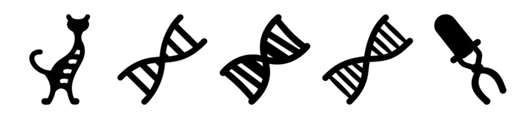 Black and White Cartoonish Animals and DNA Strands Aligned on a White Background