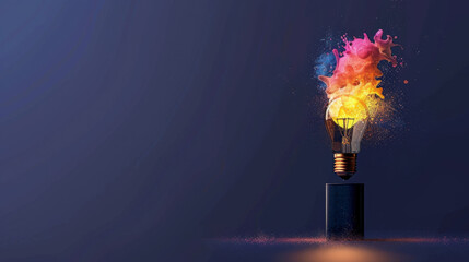 Poster - Vibrant light bulb emits colorful splashes of paint, creating dynamic and artistic visual effect. background is dark, enhancing brightness of colors and light source
