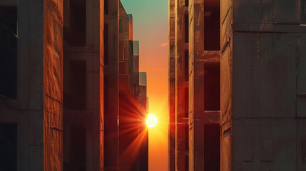 Poster - Sunset light shines between concrete structures, creating dramatic contrast of colors and shadows. warm glow of sun highlights textures of buildings, evoking sense of tranquility and awe
