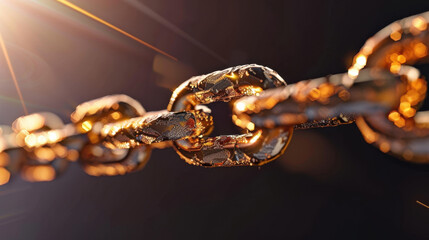 Poster - Close up view of metallic chain glistening light, showcasing intricate details and textures. chain links are interlocked, creating sense of strength and durability, with warm glow highlighting its