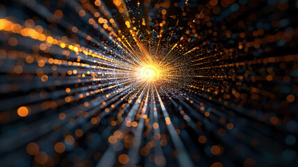 Poster - Mesmerizing burst of light radiates from central point, creating dynamic display of glowing particles and beams. vibrant orange and gold hues contrast against dark background, evoking sense
