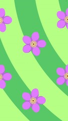 Poster - Animation of purple flowers spinning over green striped background