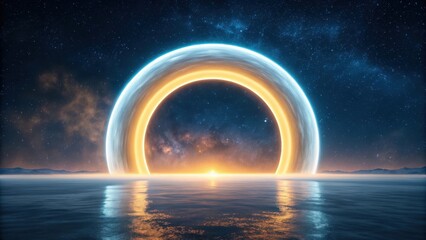 Wall Mural - Glowing neon portal arches over calm water reflecting stars and nebula in outer space