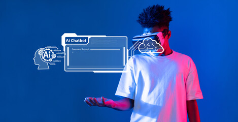Wall Mural - a young person engages with a virtual reality headset, interacting with an ai chatbot interface, set