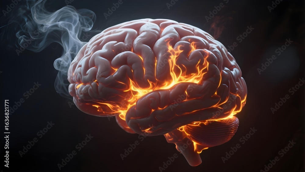 Human brain with glowing fire inside and smoke symbolizing stress ...