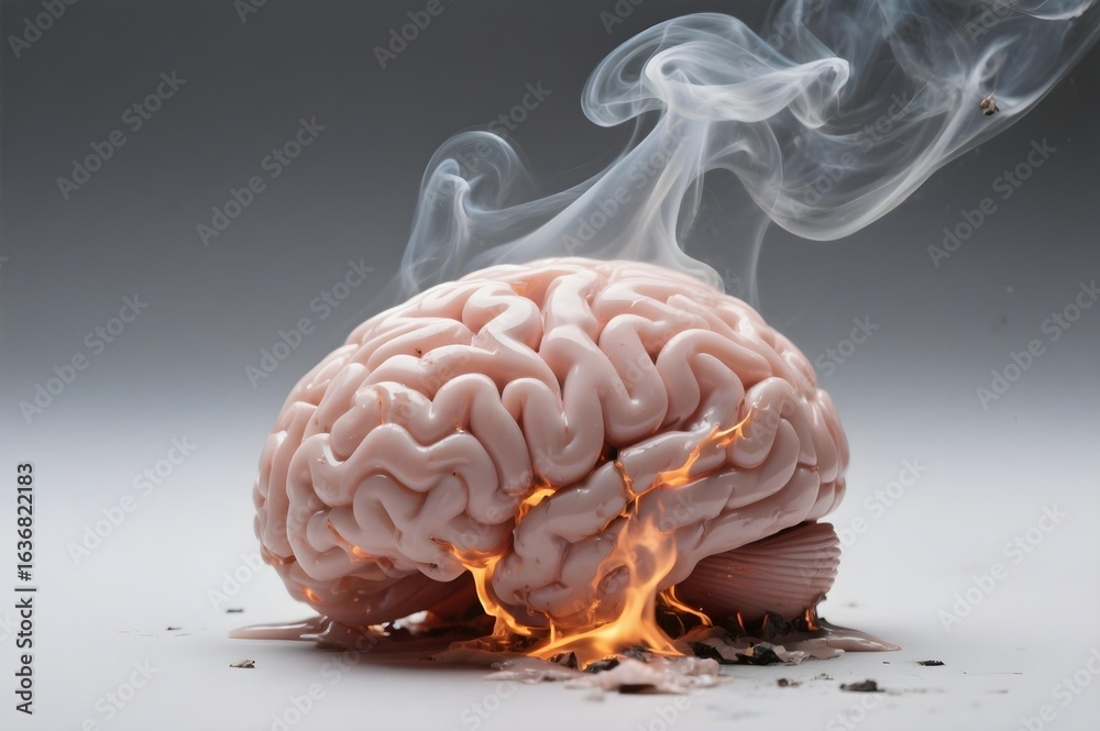 Human brain model burning with flames and smoke symbolizing mental ...
