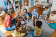 © lordn - Diverse group of preschool children and teachers playing musical instruments in a colorful kindergarten classroom, engaging in fun early education and creative learning activities
