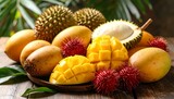 Tropical fruit arrangement featuring cubed mangoes, opened durian, and vibrant rambutan on rustic wood with green leaves, emphasizing texture and exotic freshness.