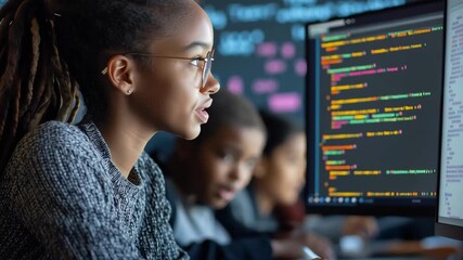 A young woman wearing glasses is looking at a computer screen. She is focused on the screen and she is working on a project. Concept of concentration and determination as the woman works on her task
