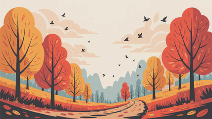 autumn landscape with orange and red trees and birds flying over the winding road picturesque scene 