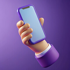 hand holding mobile phone with blank screen 3D Cartoon hand holding smartphone isolated on purple background, Hand using mobile phone mockup. 3d render illustration