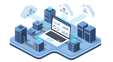 Isometric illustration depicts cloud computing network with laptop server array and data