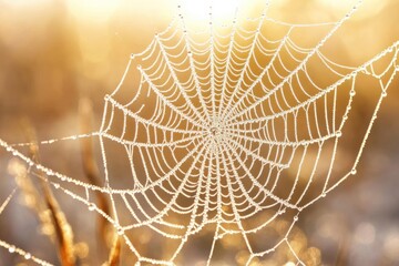 A spiderweb glistens with morning dew, catching the golden light in a beautiful, intricate pattern, a testament to nature's artistry.