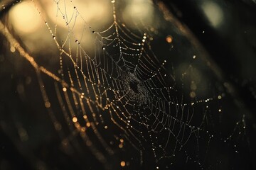 A dew-kissed spiderweb glistens in the early morning light, showcasing nature's intricate beauty and a capture of delicate design.