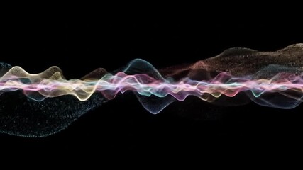 Wall Mural - Colorful particle waves flow across black background; digital art, website header
