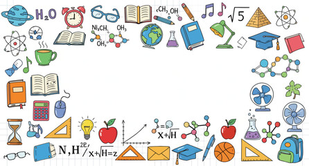 back to school concept Colorful Educational Border Illustration Featuring Chemistry, Math, Biology, Music, and School Supplies Including H₂O, DNA, Microscope, x+h=z, and Graduation Cap.